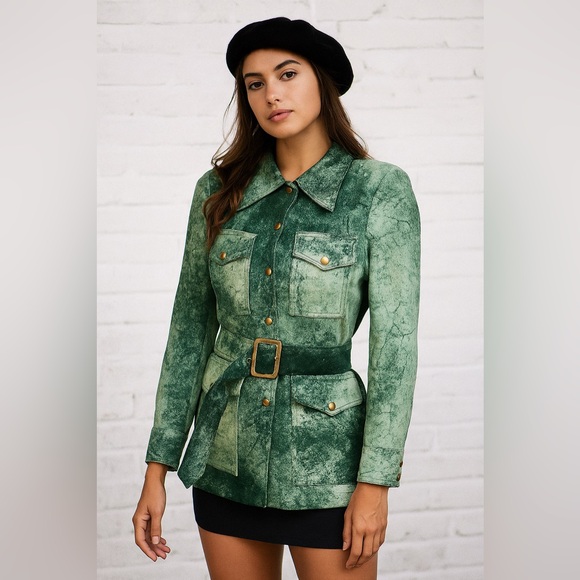 Vintage Jackets & Blazers - Vintage Small Marbled Green Textured Jacket Belt Gold Snap Buttons Suede Like